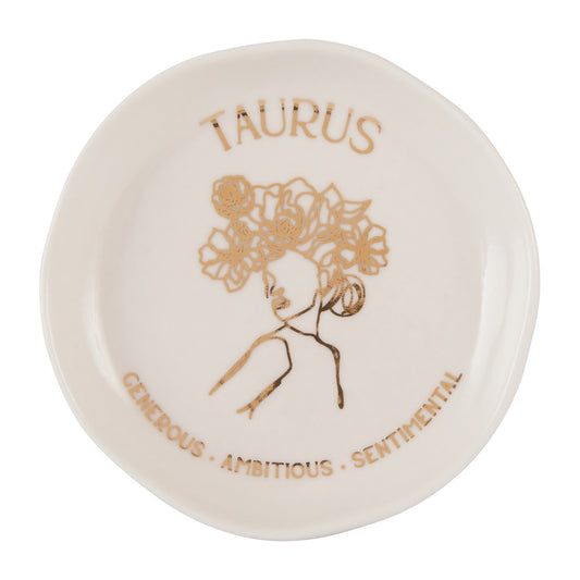 Mystique Trinket Dish - Gemini with luxe gold foil details, featuring whimsical zodiac illustrations. Made from quality ceramic with gloss finish. Size: 10x10x2cm. Generous, Ambitious, Sentimental