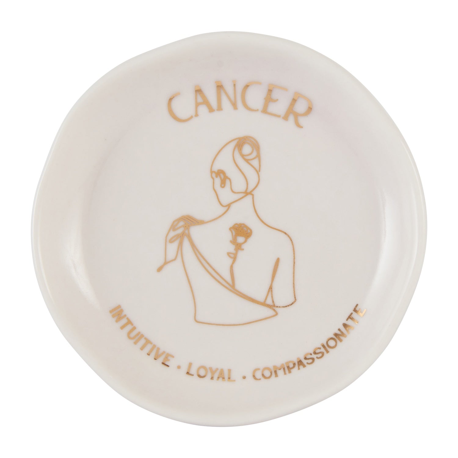 Mystique Trinket Dish - Cancer with luxe gold foil details, featuring whimsical zodiac illustrations. Made from quality ceramic with gloss finish. Size: 10x10x2cm. Intuitive, loyal, compassionate.