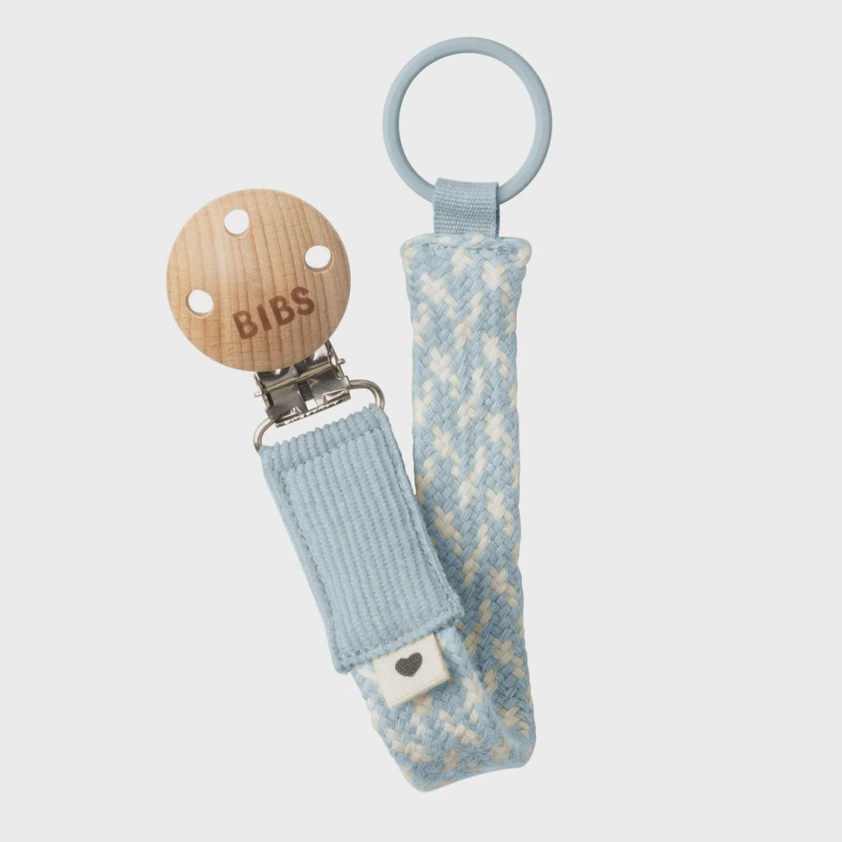 BIBS Pacifier Clip - Baby Blue/Ivory - 100% organic cotton, nickel-free metal clip, attaches easily to baby’s clothes, keeps pacifiers clean, 22 cm long.