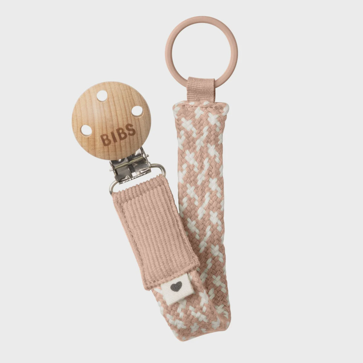 BIBS Pacifier Clip - Blush/Ivory - 100% organic cotton, nickel-free metal clip, easily attaches to baby’s clothes, prevents pacifiers from getting lost, 22 cm long.