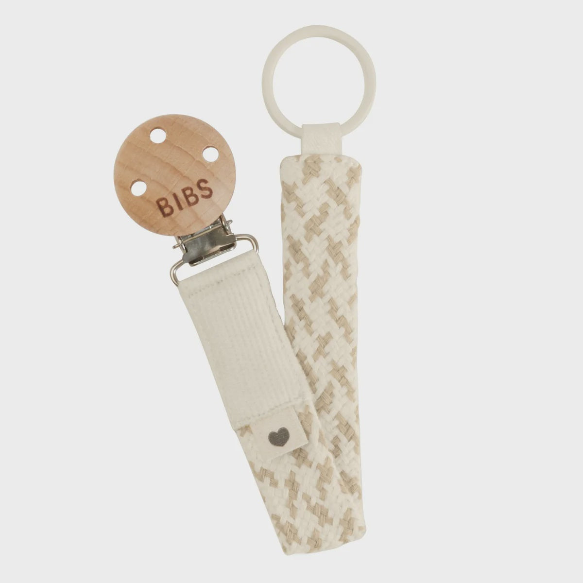 BIBS Pacifier Clip - Ivory/Vanilla - 100% organic cotton, nickel-free metal clip, attaches easily to baby’s clothes, keeps pacifiers secure, 22 cm long.