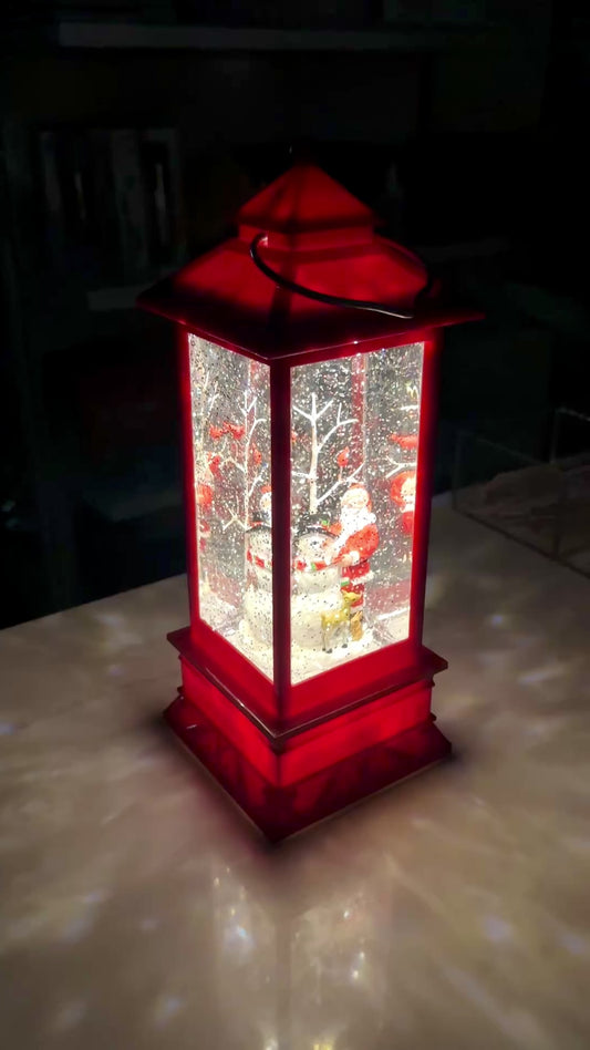 Santa & Snowman Red Glitter Lantern