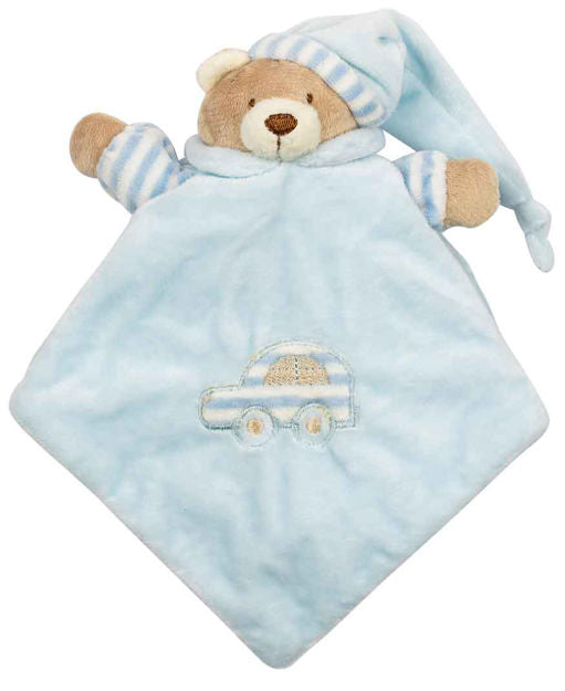 Blue Bear Comforter, 30cm soft and cuddly plush toy for babies and toddlers, featuring a car design