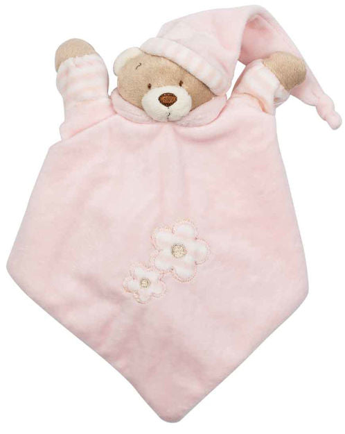 Pink Bear Comforter, 30cm soft and cuddly plush toy with two sewn pink fabric flowers, perfect for pairing with Musical Bear toys.