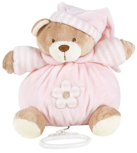 Pink Musical Lullaby Bear, 15cm plush toy that plays soft lullabies when the string is pulled. Includes a velcro strap for easy attachment to prams or cots.