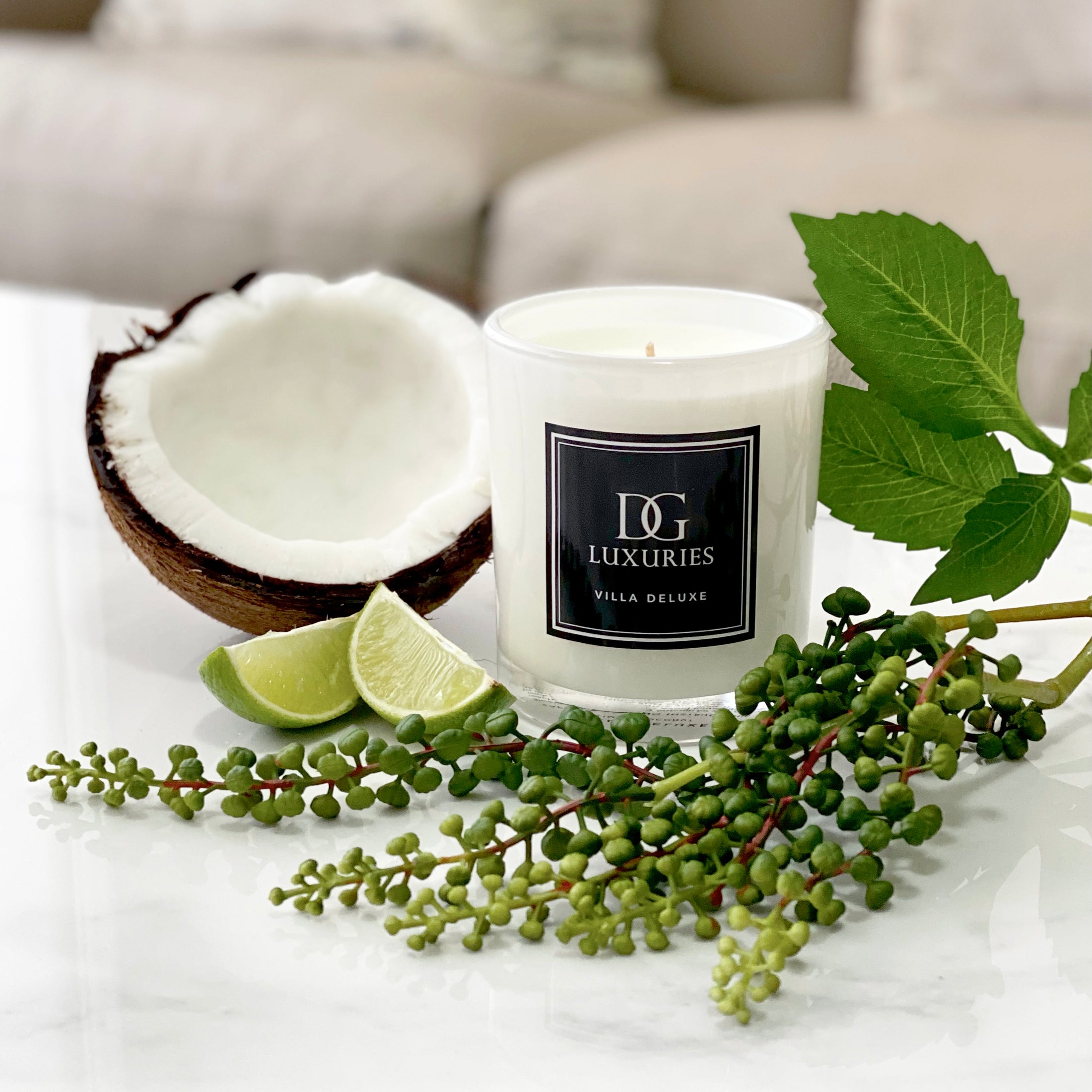 DG Luxuries Coconut & Lime Villa Deluxe Luxury Soy Candle 300mL in an elegant jar, perfect for creating a tranquil and luxurious ambiance with premium essential oils.