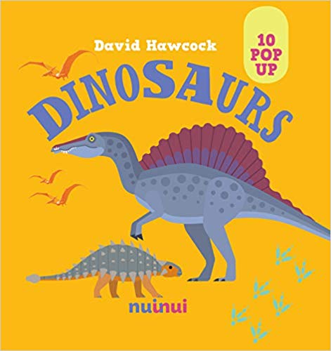 The cover of the book shows two dinosaurs in the center, a Spinosaurus and an Ankylosaurus. On one side are some flying Pteranodon, on the other dinosaur tracks.