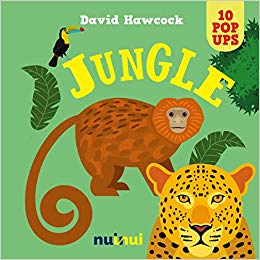 Illustration of a lush green jungle scene with a jaguar, a monkey, and a toucan, from the book '10 Pop Ups: Jungle' by David Hawcock.