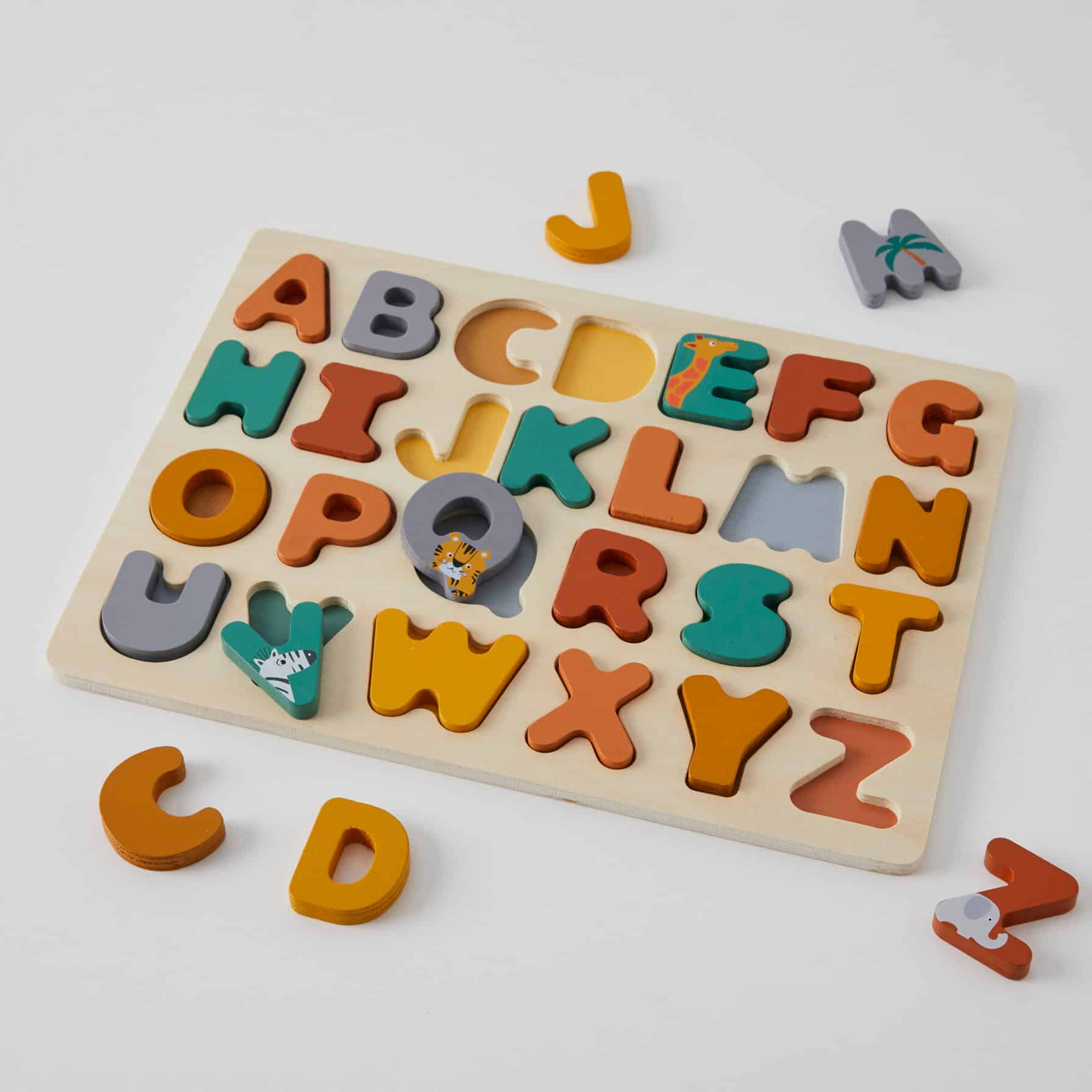 Wooden Alphabet Puzzle for children aged 2 and older, featuring jungle zoo characters and an earthy color palette. Made from natural wood with non-toxic paint.