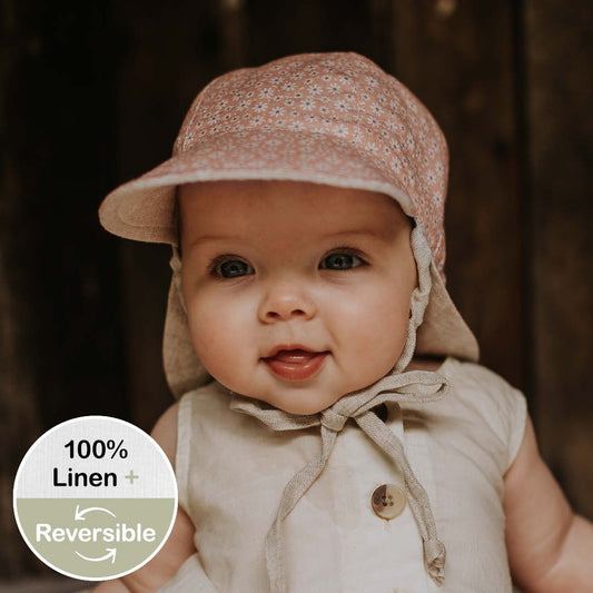 Bedhead Reversible Baby Flap Sun Hat in Polly/Flax, UPF50+ protection, eco-friendly linen, adjustable ties, ideal for babies in prams or carriers.