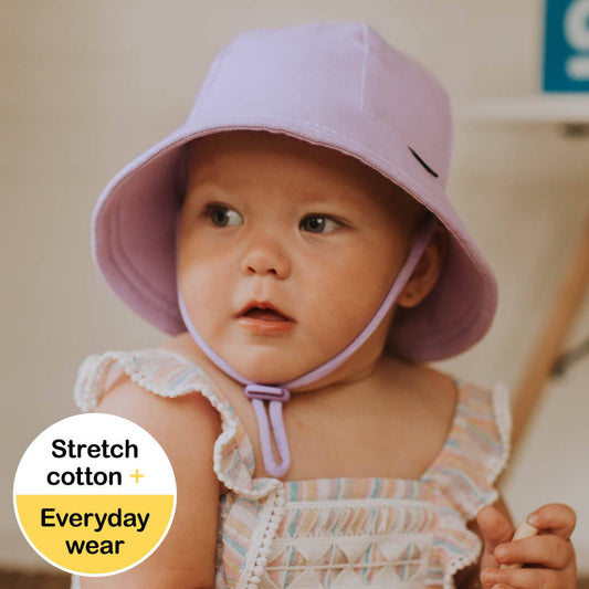 Bedhead Toddler Bucket Hat in Lilac with UPF50+ protection, soft flexible brim, and removable adjustable chin strap, ideal for babies and toddlers in prams or carriers.