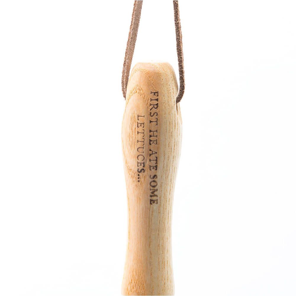 Beatrix Potter children's gardening trowel with sustainable wood handle, and hook for easy storage. With the text encraved "First he ate some lettuces..". 