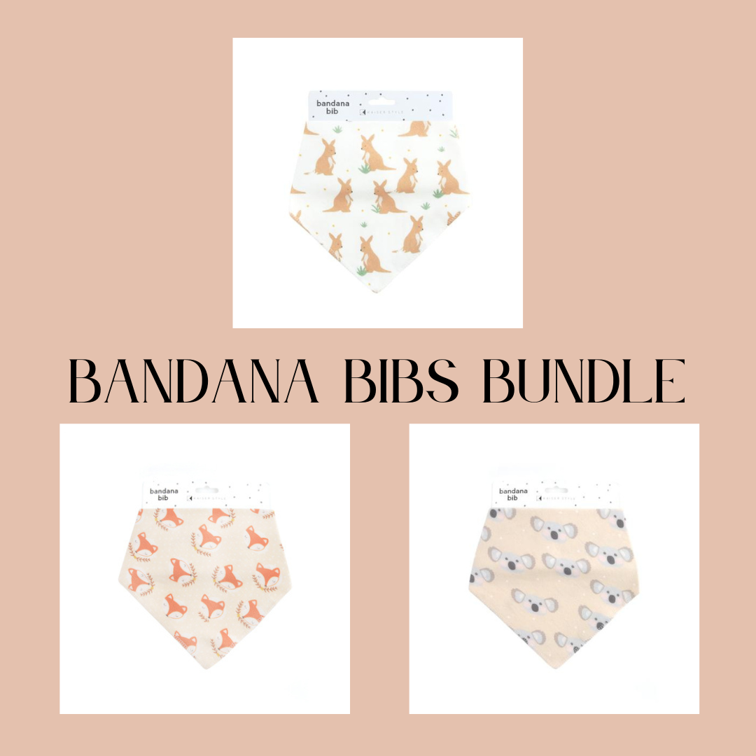 Kaisercraft Bandana Bib Bundle featuring cute designs with koalas, foxes, and kangaroos, perfect for keeping your baby clean and stylish.