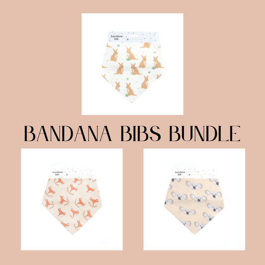 Kaisercraft Bandana Bib Bundle featuring cute designs with koalas, foxes, and kangaroos, perfect for keeping your baby clean and stylish.