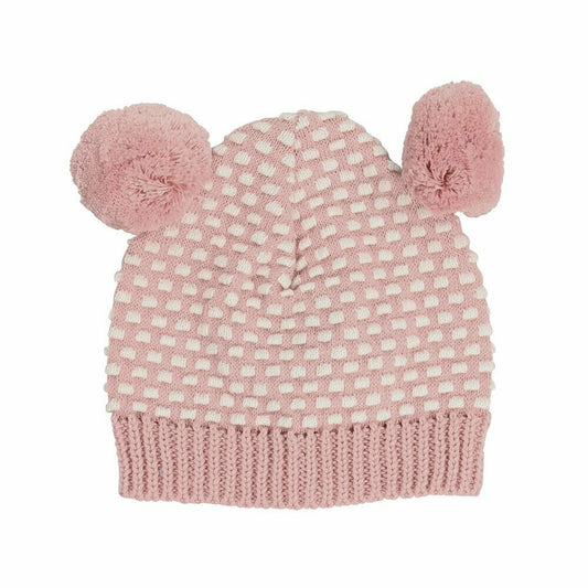 Pink Arkie Waffle Knit Pom Pom Beanie with dual color waffle knit, cute double pom poms, and rib band, displayed on a white background.