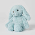 Load image into Gallery viewer, Aqua Bunny small plush toy with long ears, suitable for babies 0+ months. Made of soft polyester, it offers endless cuddles and playful adventures.
