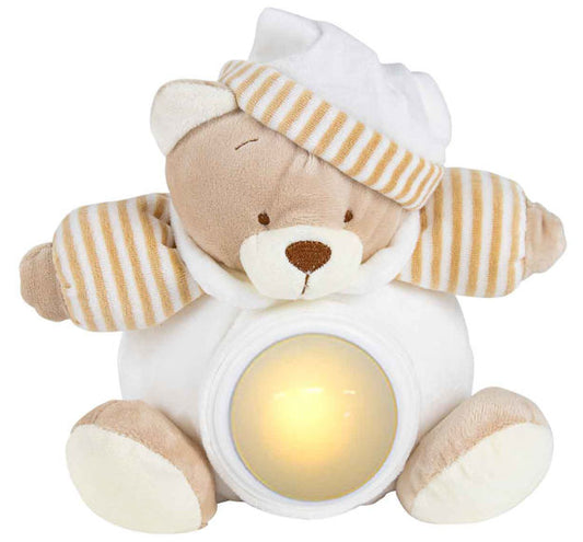 Soft beige Teddy Bear with light and lullaby music feature, perfect for soothing babies to sleep.