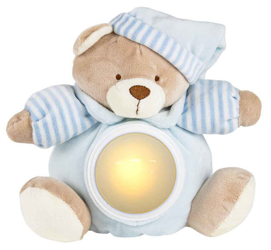  Blue plush teddy bear with a night light and lullaby music, designed for baby's comfort. Press tummy for light or light with music. Requires 2 AA batteries. Height: 20cm.