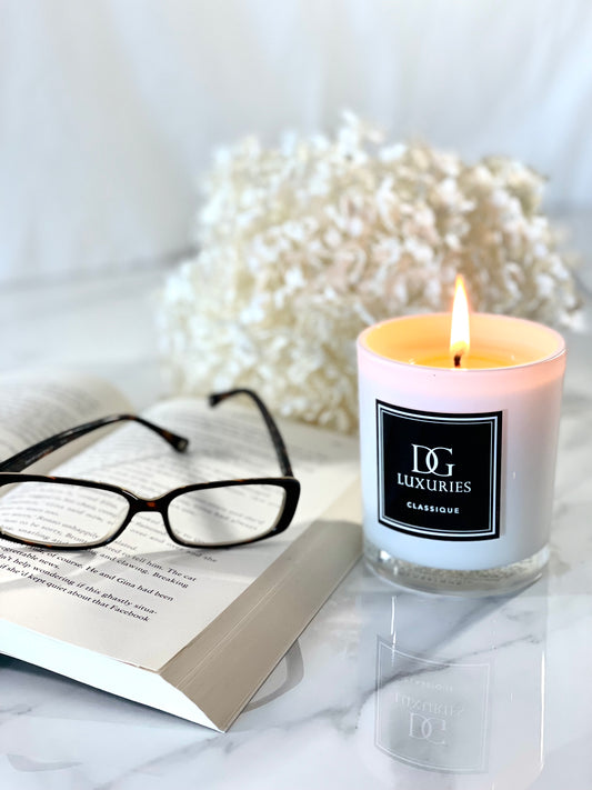 DG Luxuries Classique Creamy Vanilla Bean Luxury Soy Candle 300mL in an elegant jar, perfect for creating a warm and cozy atmosphere with premium essential oils.