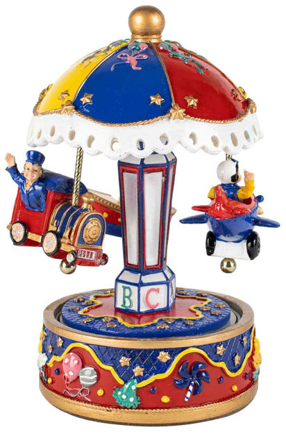 Plane/Boat/Train Musical Carousel being twisted manually to play a soothing lullaby. Height: 21cm, comes in a presentation box. Ideal for gifting.