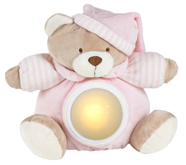 Pink Musical Bear with Night Light, 20cm plush toy that plays lullabies and has a night light. Press tummy for light or light with music. Requires 2 AA batteries.