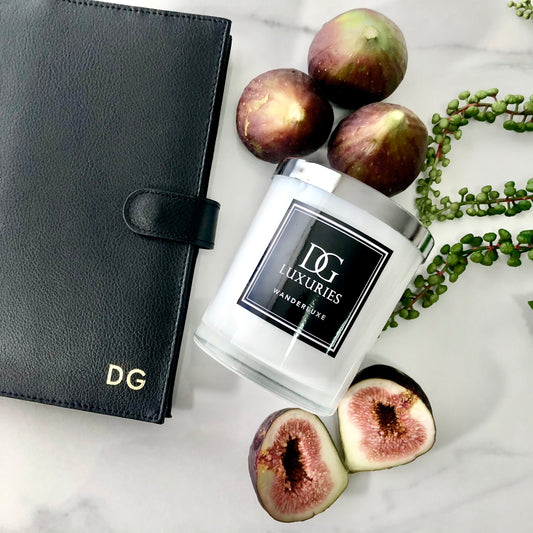 DG Luxuries Mediterranean Fig Wanderluxe Luxury Soy Candle 300mL in an elegant jar, perfect for creating a tranquil and luxurious ambiance with premium essential oils.