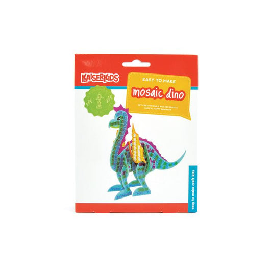 Mosaic Dino craft kit for kids featuring pre-printed card pieces, self-adhesive glitter foam squares in various colors, and an instruction booklet.