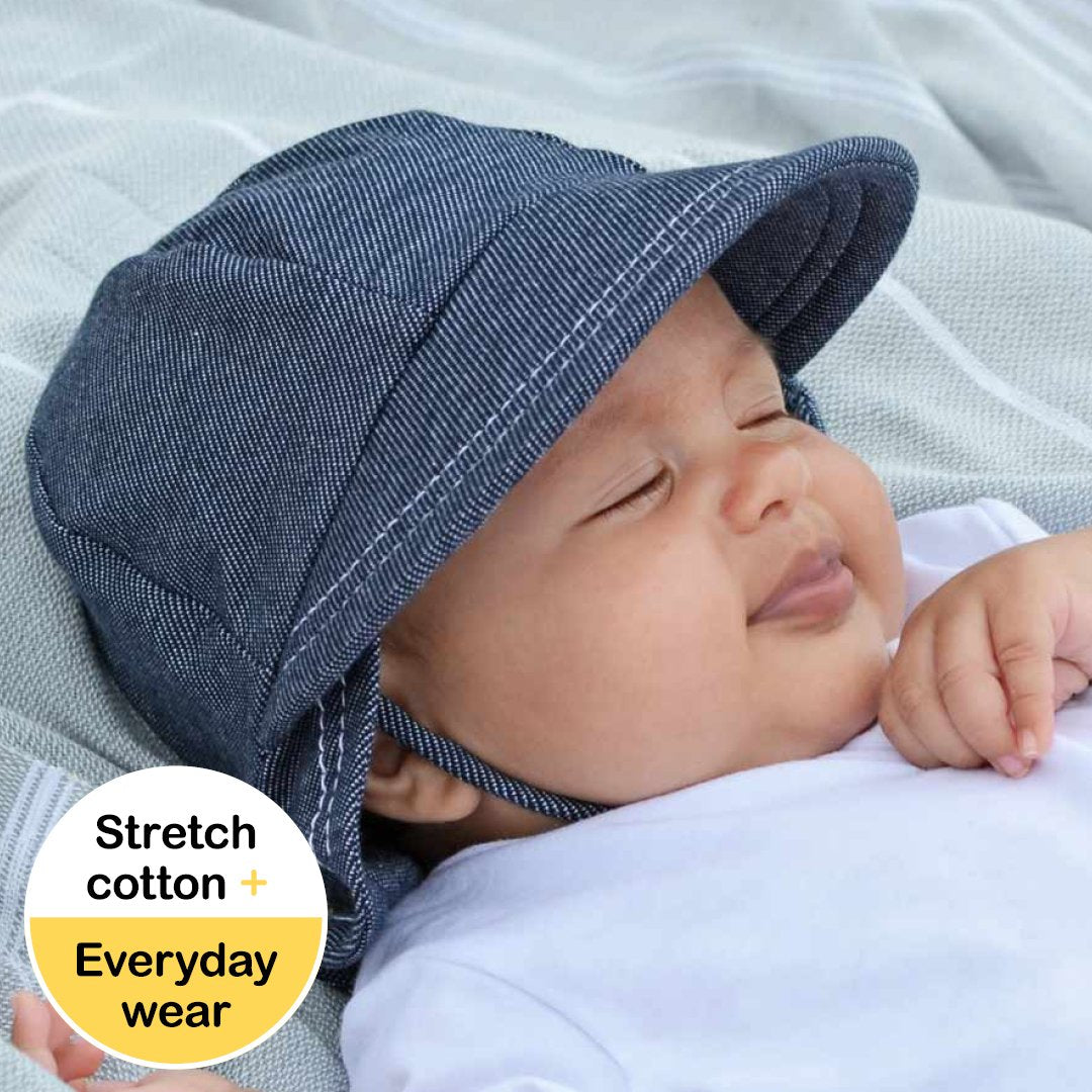 Bedhead Hats Legionnaire Hat with Strap in Denim - Soft and comfortable baby sun hat with UPF50+ protection, perfect for newborns and toddlers.