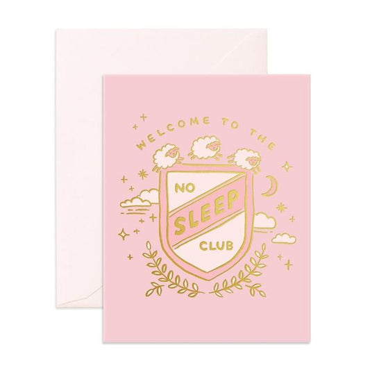 No Sleep Club Pink Greeting Card with gold foil, featuring sheep and clouds design.