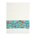 Load image into Gallery viewer, White tea towel with colorful band featuring kangaroos, dolphins, and the Sydney Opera House, Annabel Trends' Aussie Icon Tea Towel.
