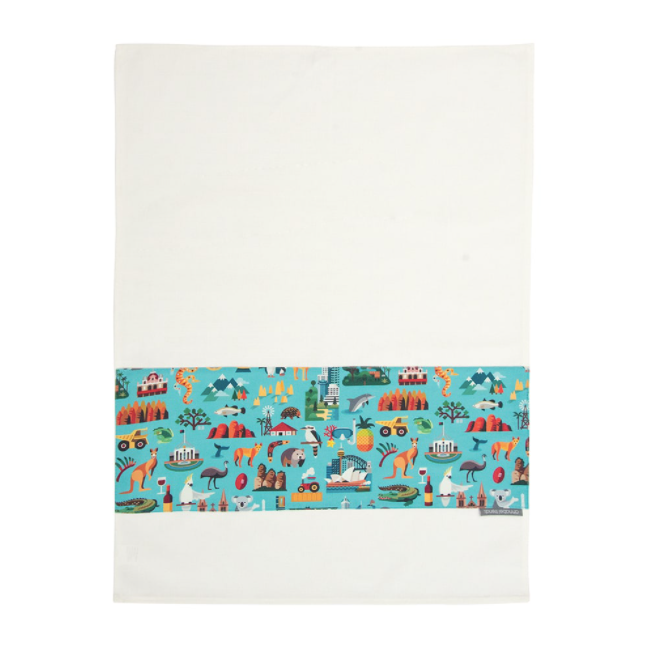 White tea towel with colorful band featuring kangaroos, dolphins, and the Sydney Opera House, Annabel Trends' Aussie Icon Tea Towel.