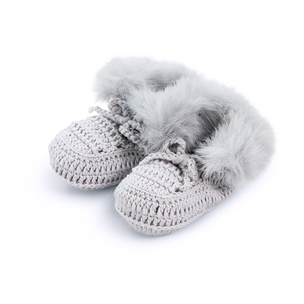 Silver | Cutie Faux Fur Trim Crochet Bootees