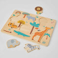 Load image into Gallery viewer, Introducing Animal Puzzle by Zookabee: a captivating wooden toy adorned with intricately cut animal shapes like giraffes, elephants, crocodiles, tigers, hippos, and zebras. With removable pieces, children develop fine motor skills as they fit each figure into its corresponding slot.
