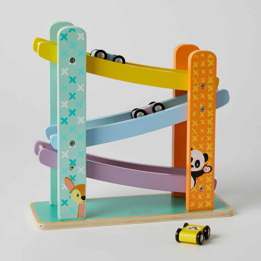 Colorful three-tiered car ramp racer with two cars descending, panda waving