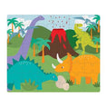 Load image into Gallery viewer, Illustrated Dino Land puzzle featuring a brachiosaurus, tyrannosaurus rex, triceratops, pterodactyl, and stegosaurus in a vibrant prehistoric landscape
