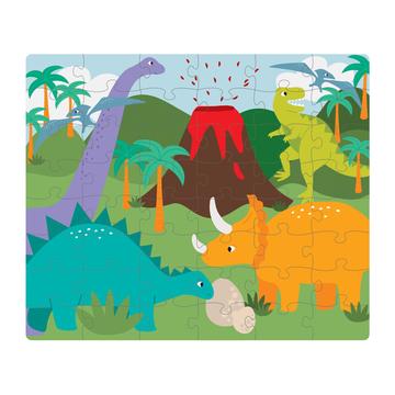 Illustrated Dino Land puzzle featuring a brachiosaurus, tyrannosaurus rex, triceratops, pterodactyl, and stegosaurus in a vibrant prehistoric landscape