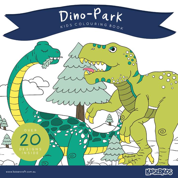 Dino Park Colouring Book by Kaiserkids featuring over 20 dinosaur-themed designs, perfect for creative kids during school holidays