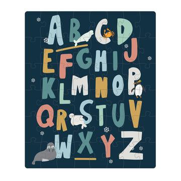 Ice Land 48-piece puzzle featuring the alphabet with animals such as penguins, a seal, a sea lion, and a beluga whale integrated into the design.