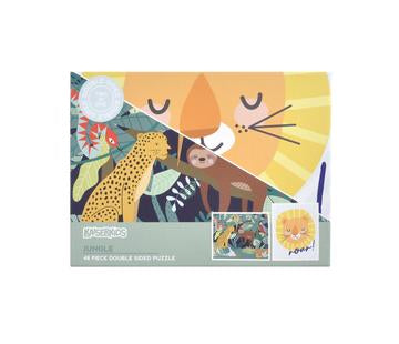 48-piece double-sided Jungle puzzle showing vibrant jungle scenes with lush landscapes and wild animals, size 38 x 31 cm.