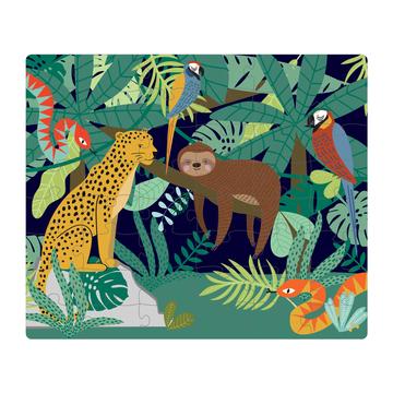 Jungle 48-piece double-sided puzzle featuring vibrant scenes with a sloth, a leopard, parrots, and serpents, showcasing lush jungle landscape.