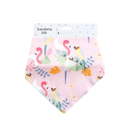 Jungle Girl children's bandanna bib made from soft cotton, featuring two press studs for adjustable fit, measuring 23cm x 21cm.