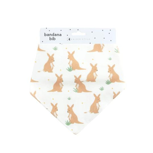 Kangaroo bandana bib in soft cotton, featuring a stylish design with two easy-to-use press studs for adjustable fit and growing room. Ideal for mealtimes and daily wear.