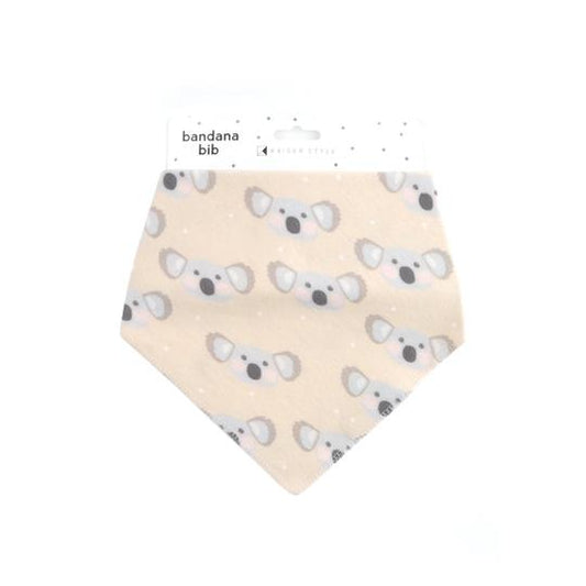 Koala bandana bib made from soft cotton, featuring a cute koala design and two press studs for an adjustable fit. Ideal for mealtimes and adding style to daily outfits.