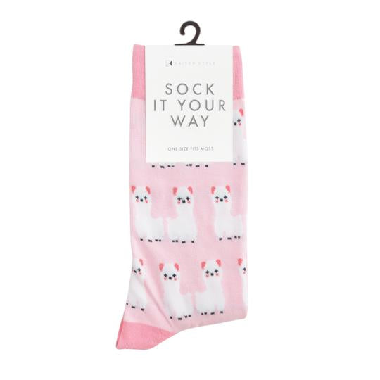 Cute Llama socks made from 70% cotton, 20% polyester, and 10% elastane, featuring a sweet llama design. One size fits most, with care instructions for gentle machine wash.