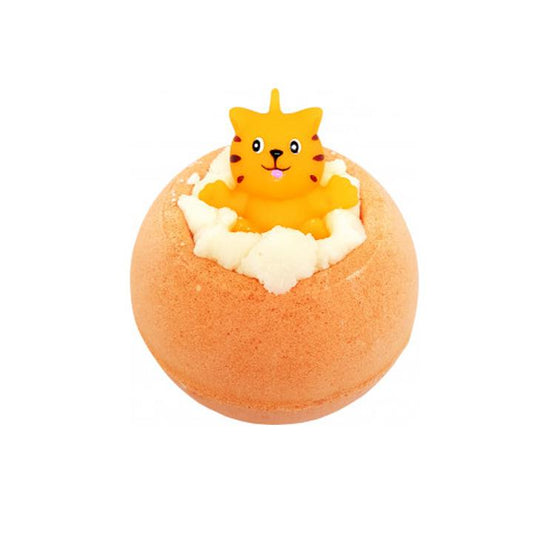 Meow For Now bath bomb with vibrant orange color, featuring mandarin and blood orange scents, cocoa and shea butters, and a surprise toy companion inside.