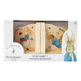 Load image into Gallery viewer, Peter Rabbit wooden bookends displayed in an open-front box, featuring detailed illustrations and classic quotes from Beatrix Potter.
